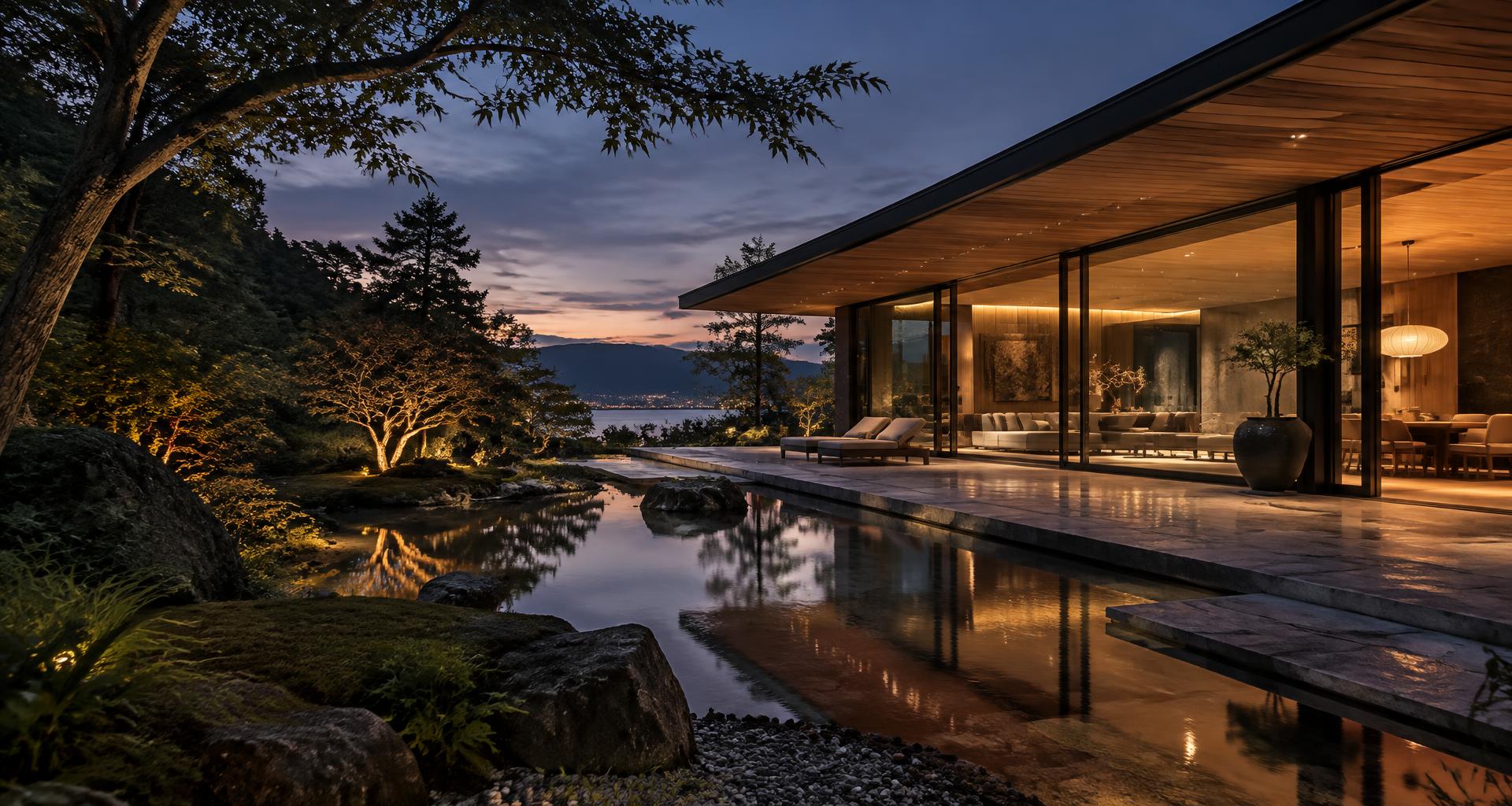Modern Japanese residence at dusk